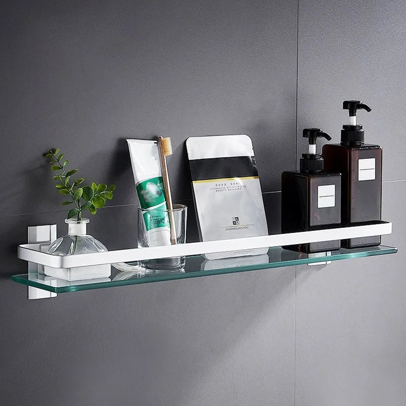 Étagère Salle de Bain Verre Trempé et Aluminium, 28,5 à 48,5 cm
