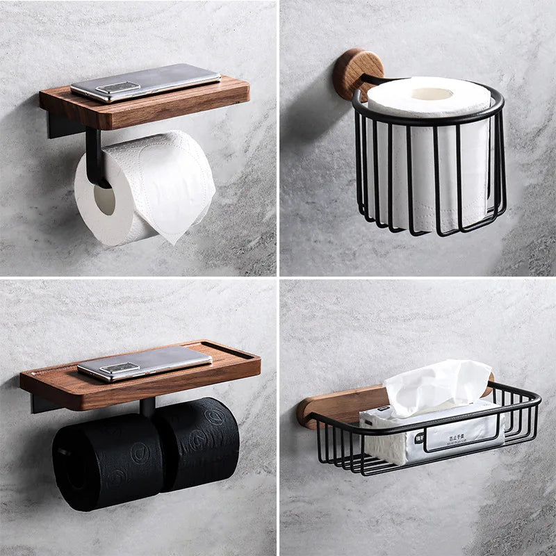 Accessoires Salle de Bain Noyer et Métal Noir à la Pièce, 4 Articles
