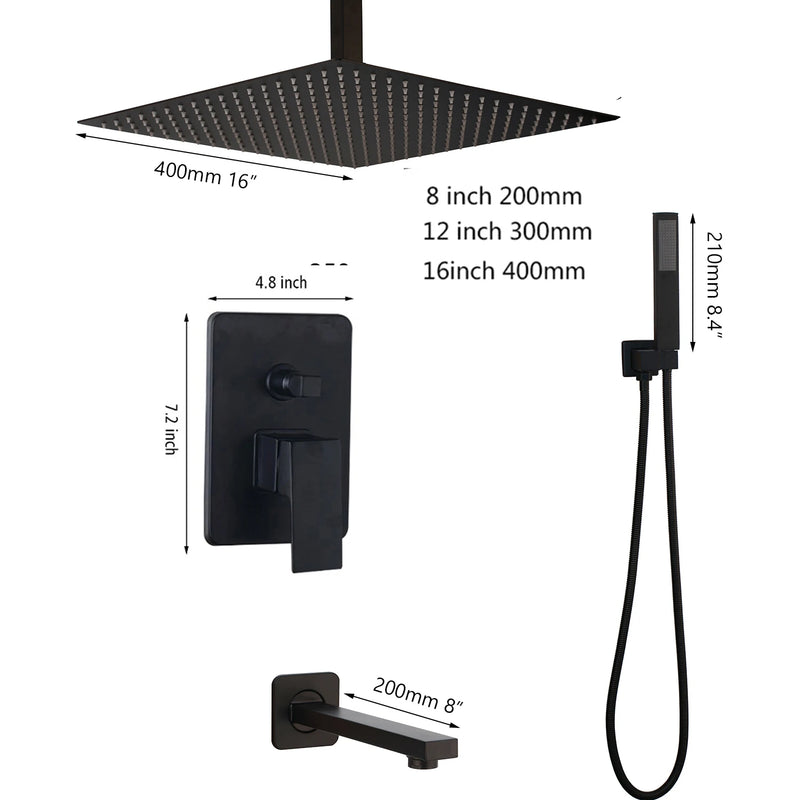 Douche Encastrable Noir Mat Pluie Carrée 20 à 40 cm avec Douchette