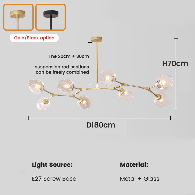 Suspension Cuisine Branches Globes en Verre, 3 à 9 Têtes