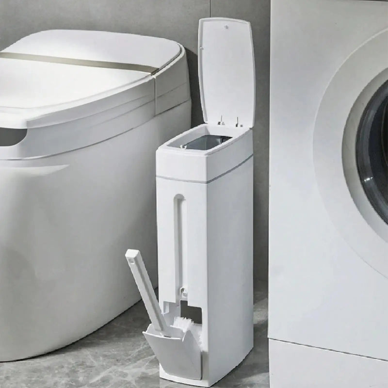 Poubelle Salle de Bain Étroite 4,5 L avec Brosse WC Intégrée, Blanche