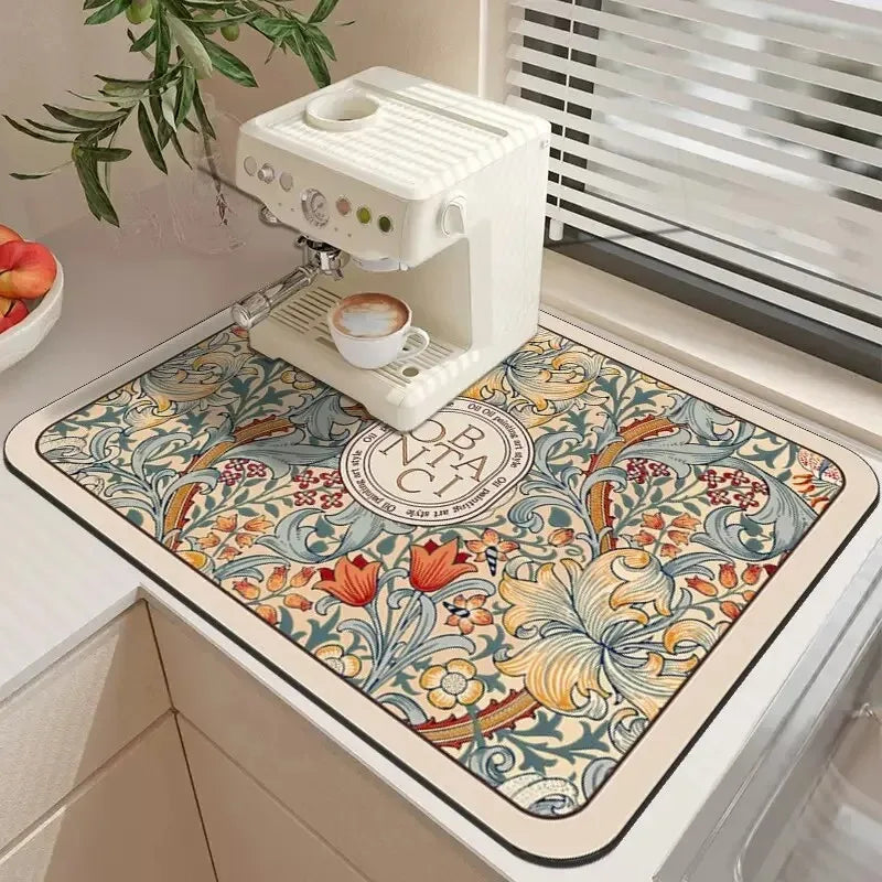 Tapis Égouttoir Vaisselle Diatomite Absorbant à Motifs Fleuris