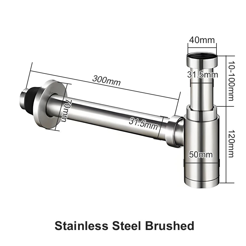 Siphon Lavabo Inox 304 Réglable 10-100 mm, Sortie 300 mm, 5 Finitions