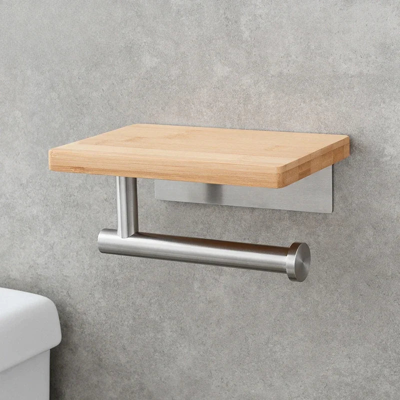 Porte-Papier Toilette Mural avec Tablette en Bois, Inox Noir ou Brossé