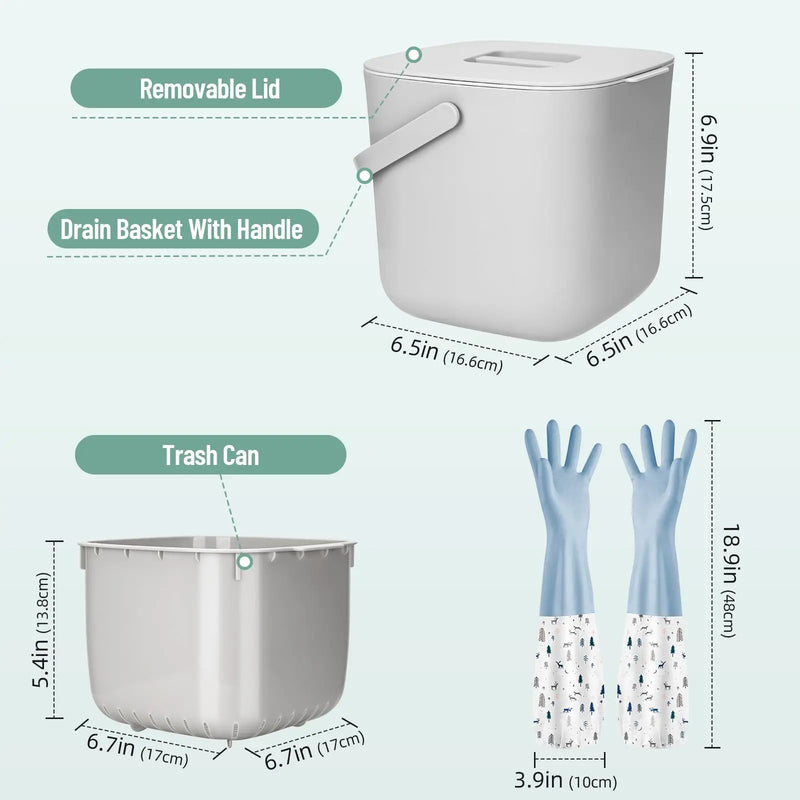 Poubelle Cuisine Compost avec Couvercle et Panier Filtrant Amovible, Gris Clair