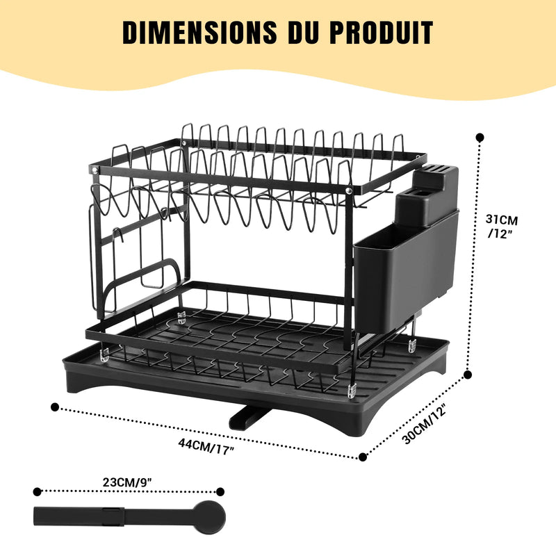 Égouttoir à Vaisselle 2 Niveaux Noir avec Porte-Gobelets 6 Tasses, 44 x 30 x 31 cm
