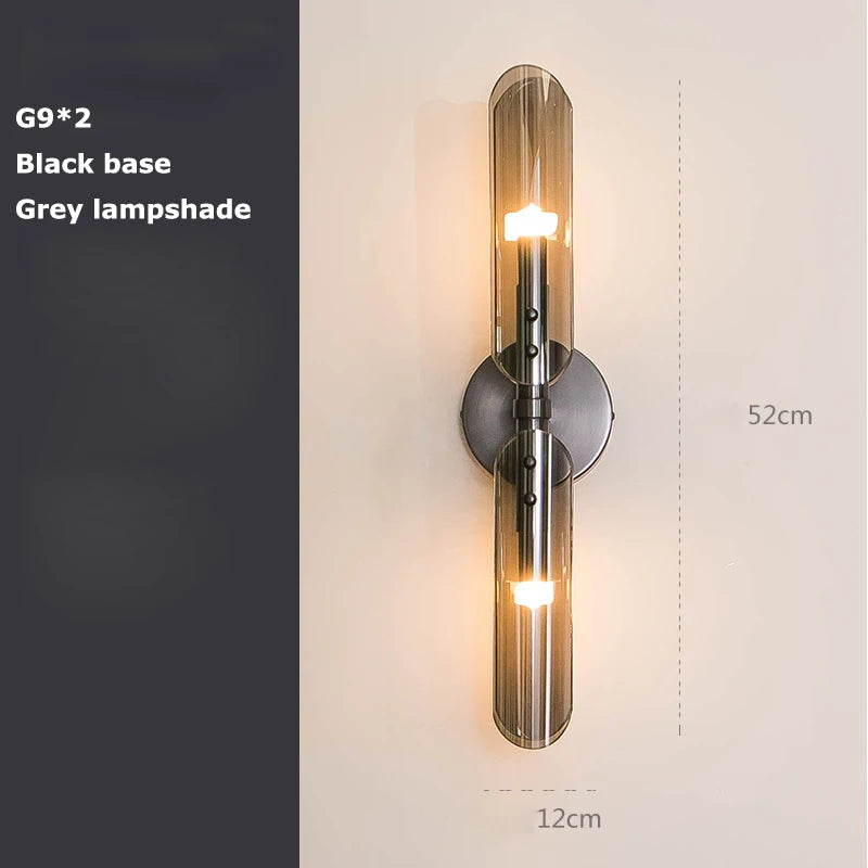Applique Murale Verre Double Tube G9, Support Noir ou Doré, 52 cm