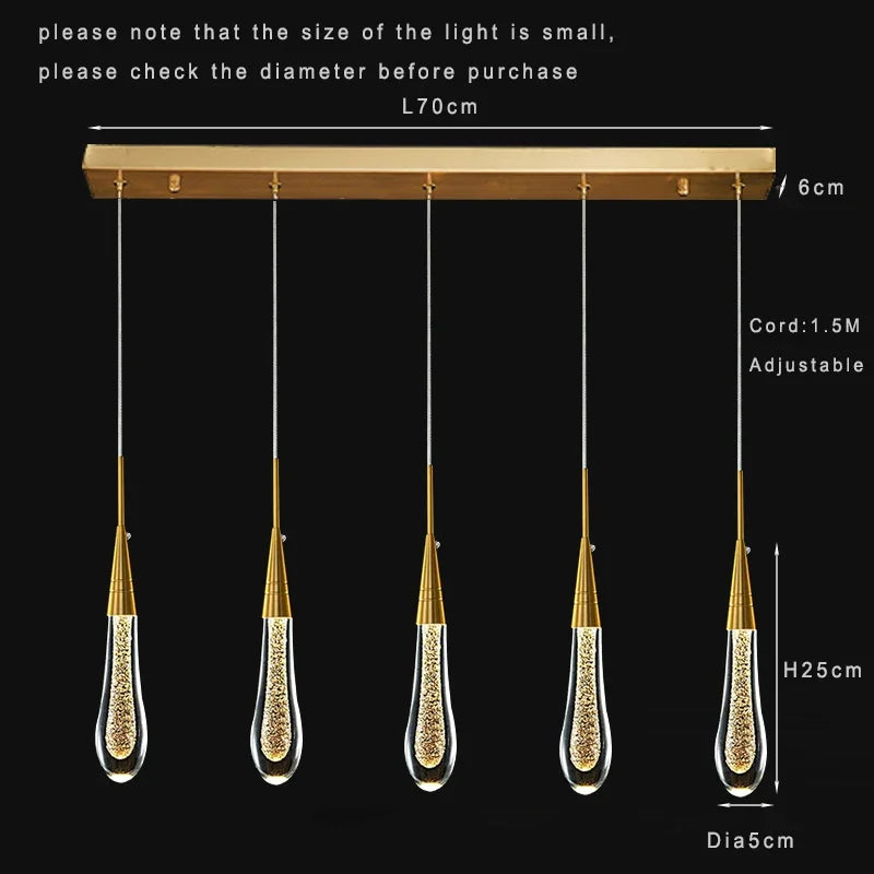 Suspension Cuisine Goutte d'Eau Cristal Doré LED, 1 à 10 Gouttes