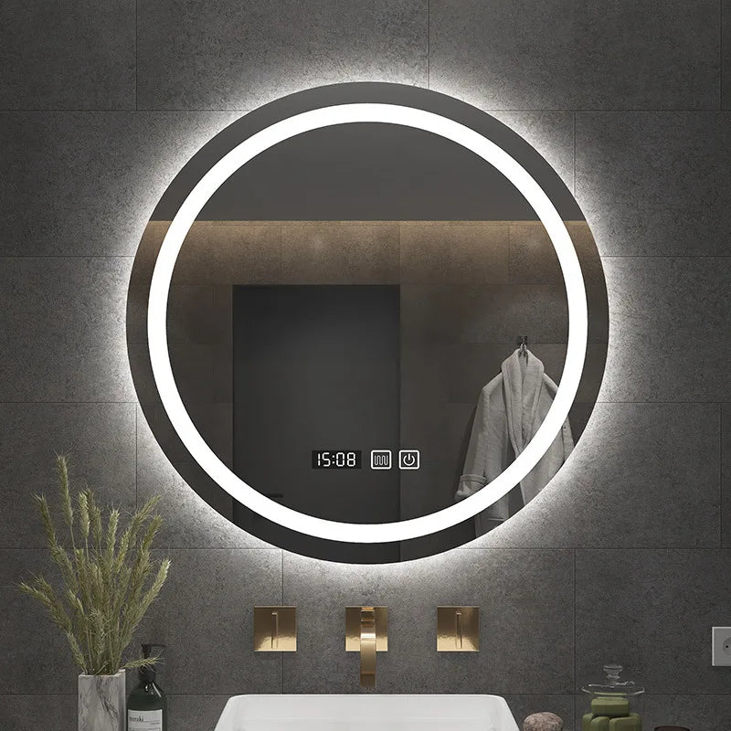 Miroir LED Salle de Bain Rond Anti-Buée avec Horloge