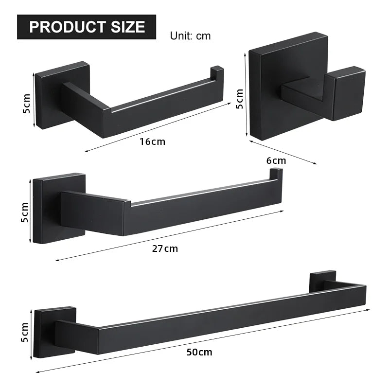 Accessoires Salle de Bain Noir Mat Carré Inox à la Pièce, 5 Articles