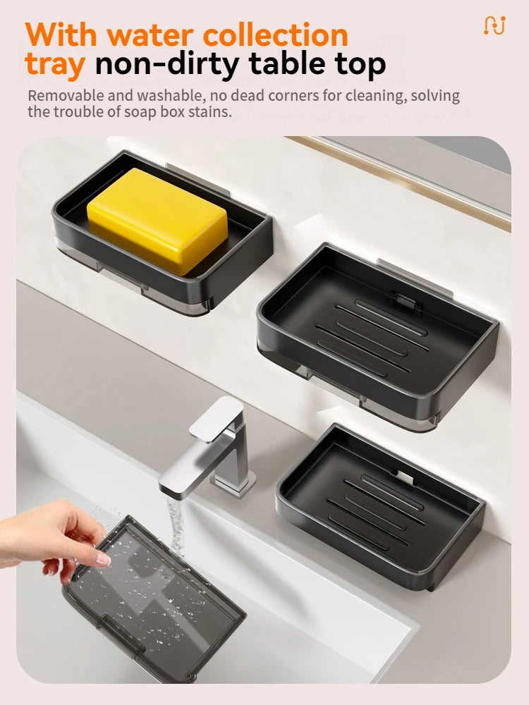 Porte-Savon Mural Sans Perçage avec Bac Égouttoir Amovible 13 cm