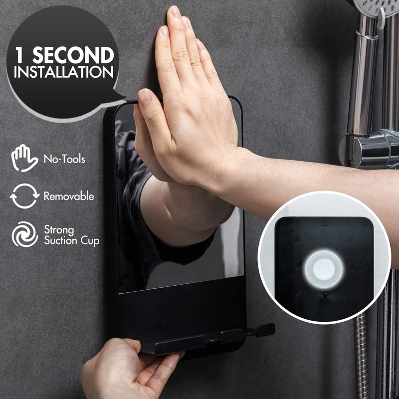 Miroir de Douche Anti-Buée Noir avec Support Rasoir, Sans Perçage à Ventouse