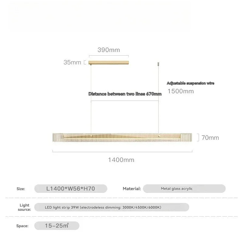 Suspension Cuisine Linéaire LED Verre Cannelé, 3 Finitions, 100 à 140 cm