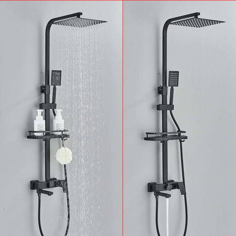 Colonne de Douche Carrée Laiton avec Étagère, Noir, Chromé ou Doré