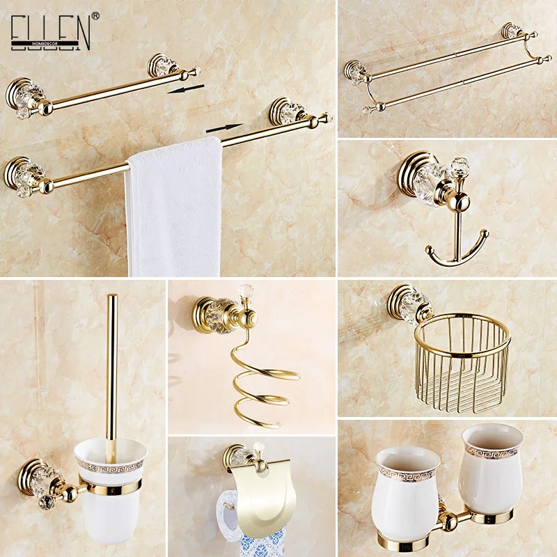 Accessoires Salle de Bain Doré à Cristal avec Gobelets Blancs, à la Pièce, 12 Articles
