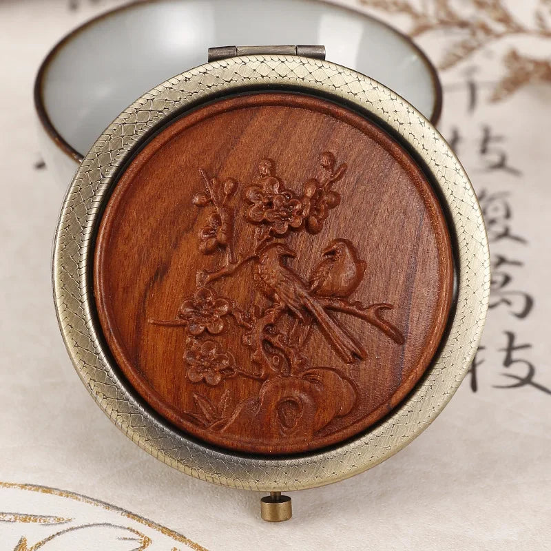 Miroir de Poche Rond en Bois Sculpté, Style Vintage, 5 Motifs