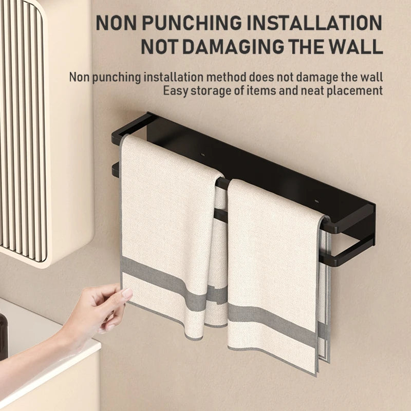 Porte-Serviette Mural Noir Sans Perçage pour Serviettes Roulées, 40 ou 50 cm