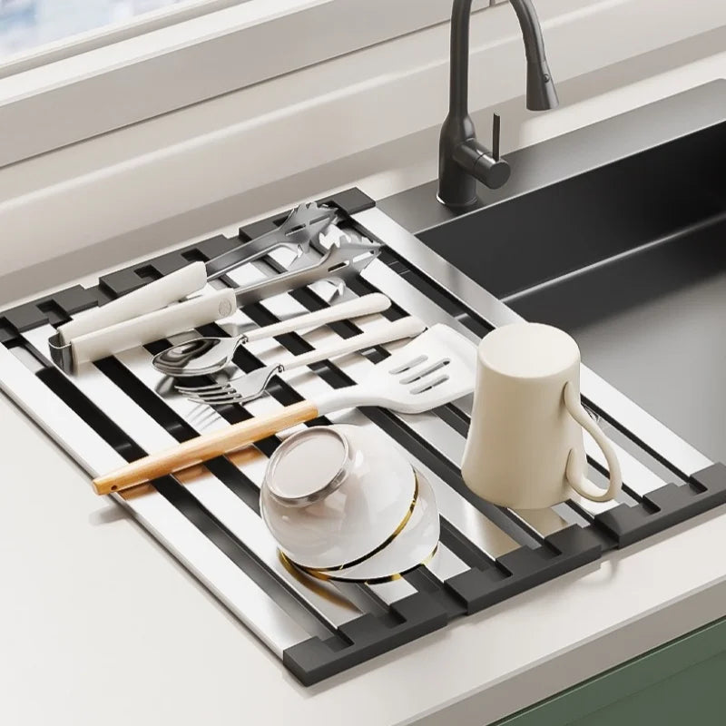 Égouttoir à Vaisselle Enroulable Inox 304 sur Évier, 35 à 55 cm