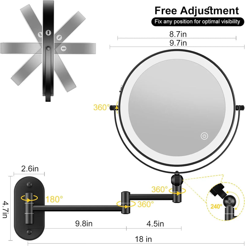 Miroir Grossissant LED Tactile Pliant Mural Rechargeable 3X 5X 7X 10X