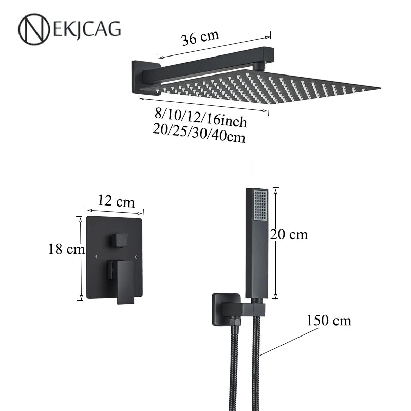 Douche Encastrable 2 Voies à Pommeau Carré, 25 à 40 cm, 4 Finitions