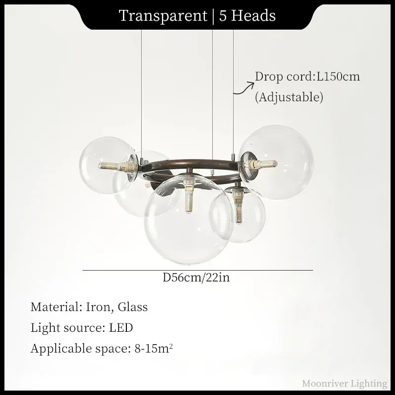Suspension Cuisine Globes Verre sur Anneaux, 5, 7 ou 9 Têtes
