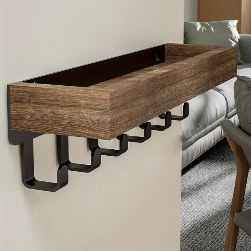 Étagère Murale en Bois avec 6 Crochets, 4 Finitions, 24,5 cm