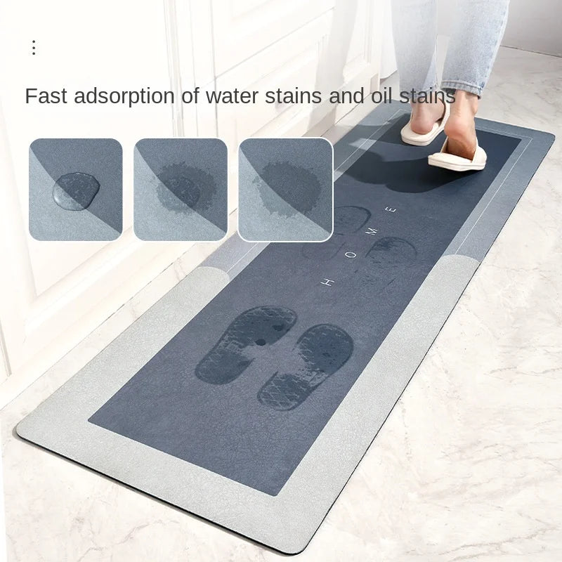 Tapis de Cuisine Diatomite Antidérapant Gris à Bordure Claire, 3 Teintes