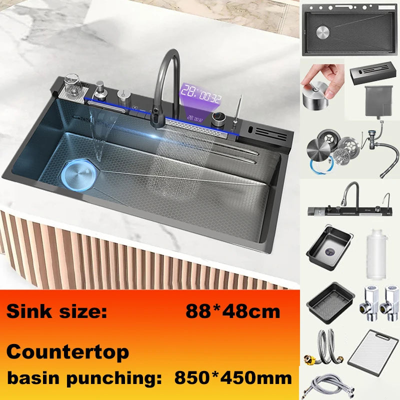 Évier de Cuisine Inox 304 Multifonction, Robinet Cascade, 68 à 100 cm