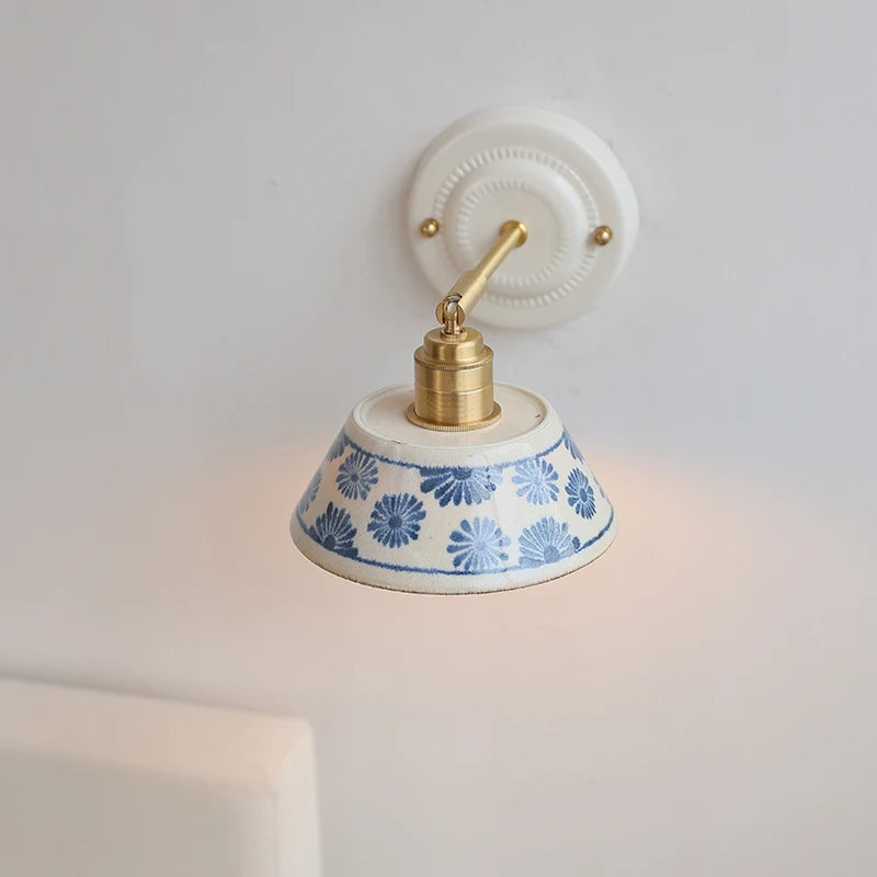 Applique Salle de Bain Céramique Fleurs Bleues ou Blanche, Verre à Anneaux