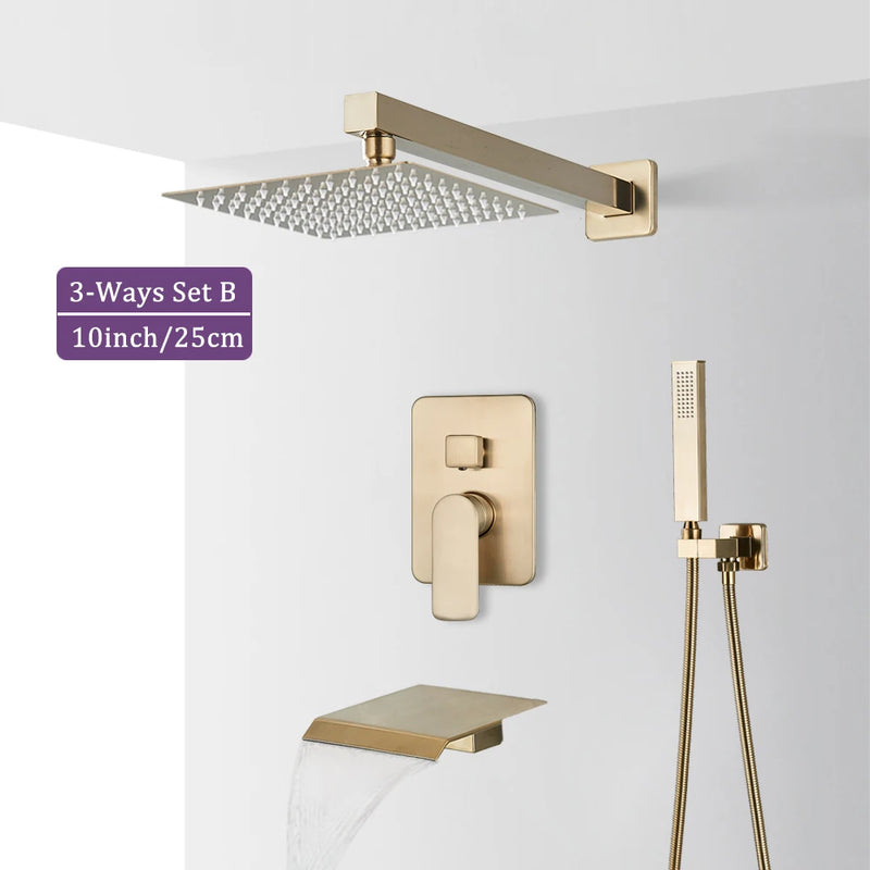 Douche Encastrable Or Brossé 2 ou 3 Voies, Pommeau Carré 20 à 40 cm