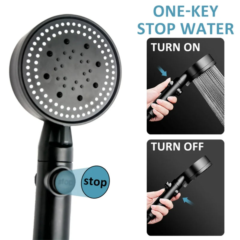 Pommeau de Douche Noir 5 Modes, Buses Silicone Autonettoyantes, Kit Complet