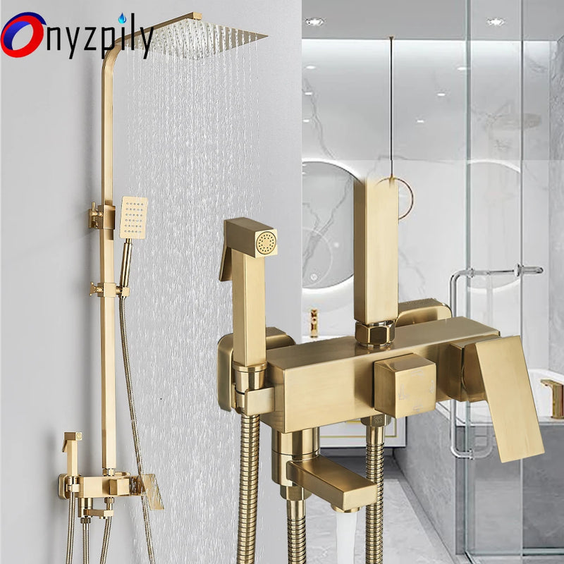 Colonne de Douche Dorée Brossée avec Mitigeur, Bec Baignoire et Douchette WC