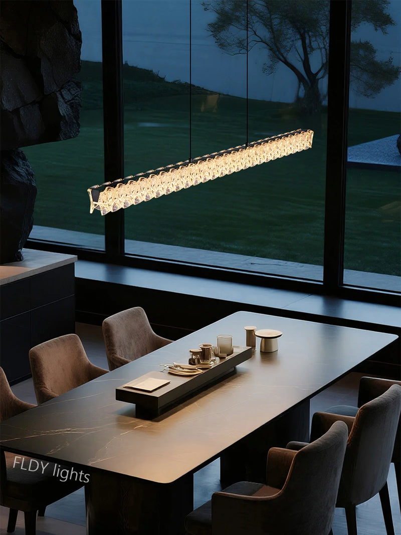 Suspension Cuisine Îlot LED Linéaire Acrylique Cristal, 100 ou 126 cm