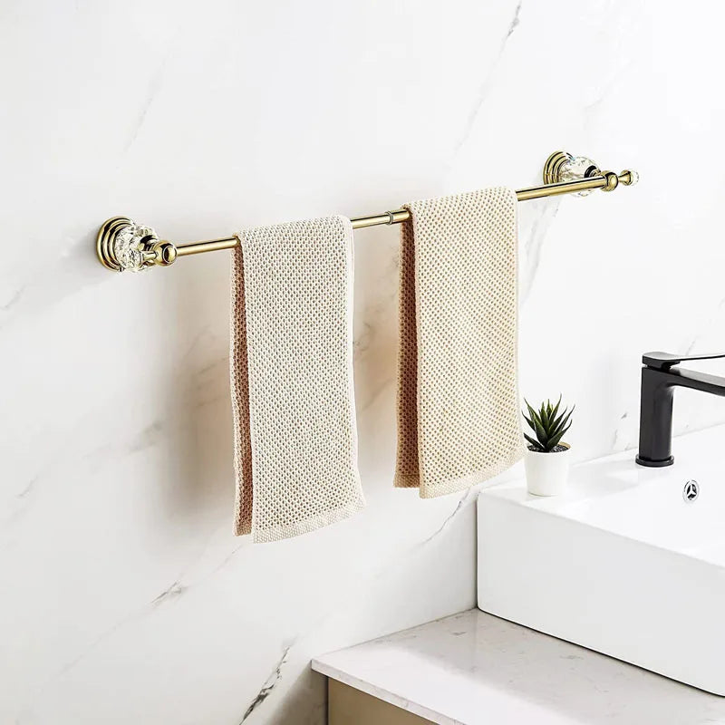 Accessoires Salle de Bain Doré Laiton et Cristal à la Pièce, 4 Articles