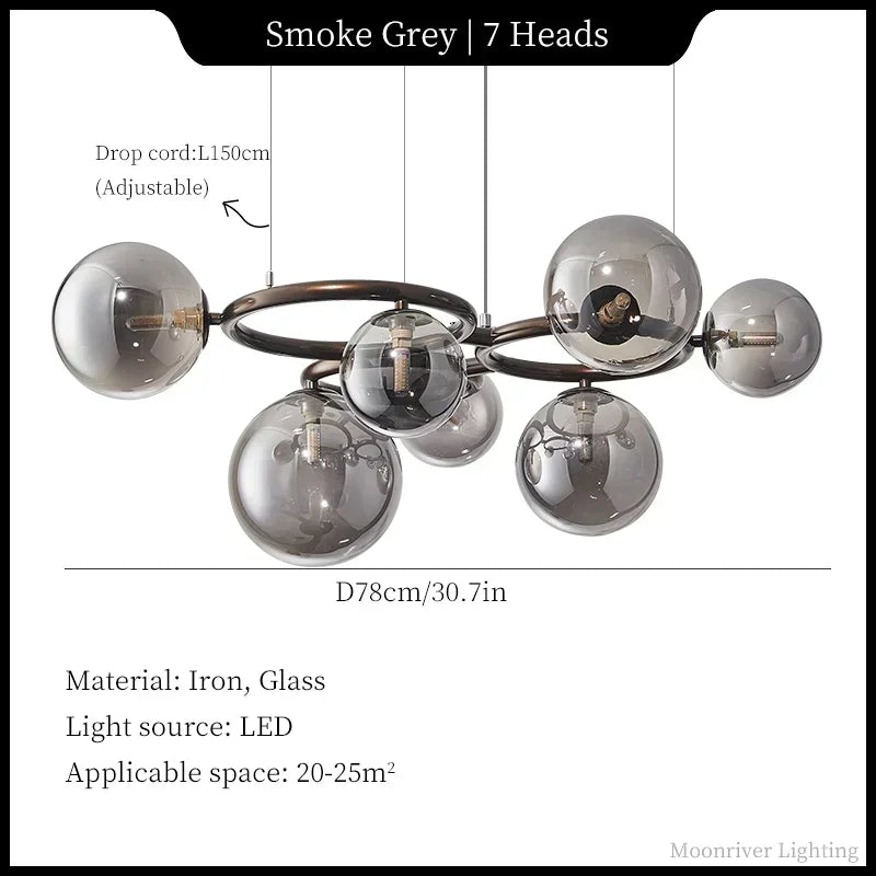 Suspension Cuisine Globes Verre sur Anneaux, 5, 7 ou 9 Têtes