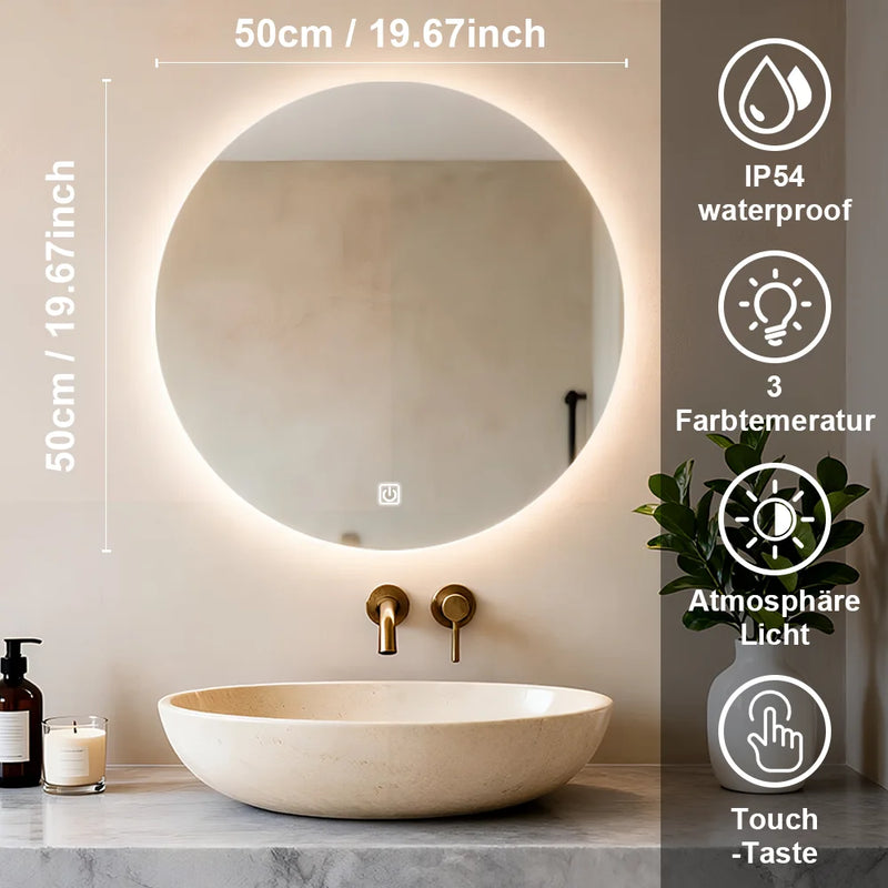 Miroir LED Salle de Bain Rond Tactile 3 Températures
