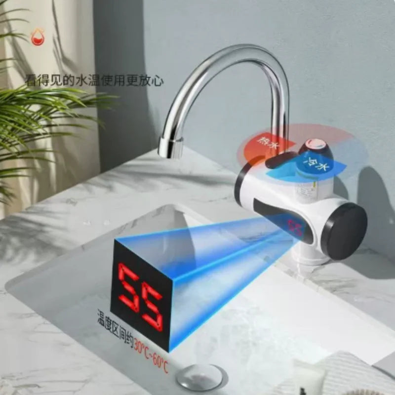 Robinet Chauffe-Eau Instantané Électrique 3 000 W à Col de Cygne Orientable, Blanc