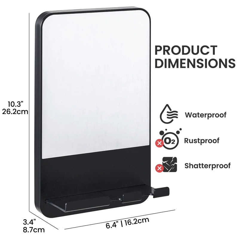 Miroir de Douche Anti-Buée Noir avec Support Rasoir, Sans Perçage à Ventouse