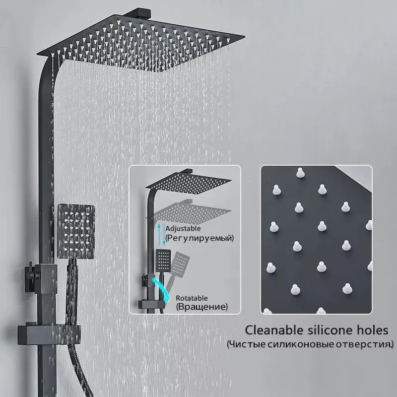 Colonne de Douche Carrée Thermostatique avec Douchette et Étagère