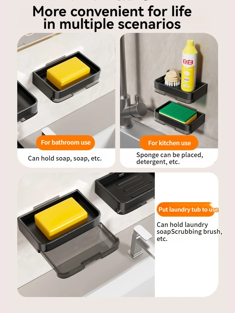 Porte-Savon Mural Sans Perçage avec Bac Égouttoir Amovible 13 cm