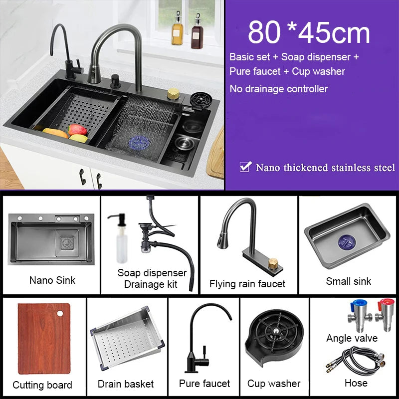 Évier de Cuisine Multifonction Cascade Noir avec Lave-Tasse