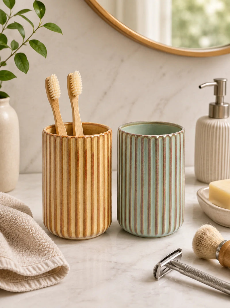 Porte-Brosse à Dents Céramique Vintage Côtelée Vert Sauge 250 ml