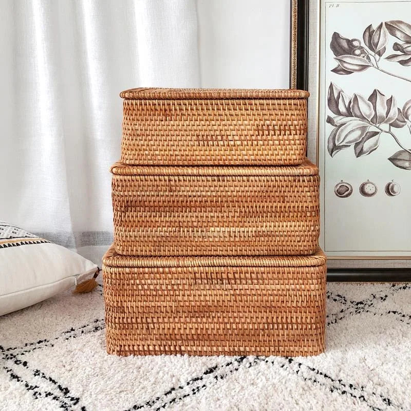 Panier de Rangement en Rotin Tissé avec Couvercle, 3 Tailles