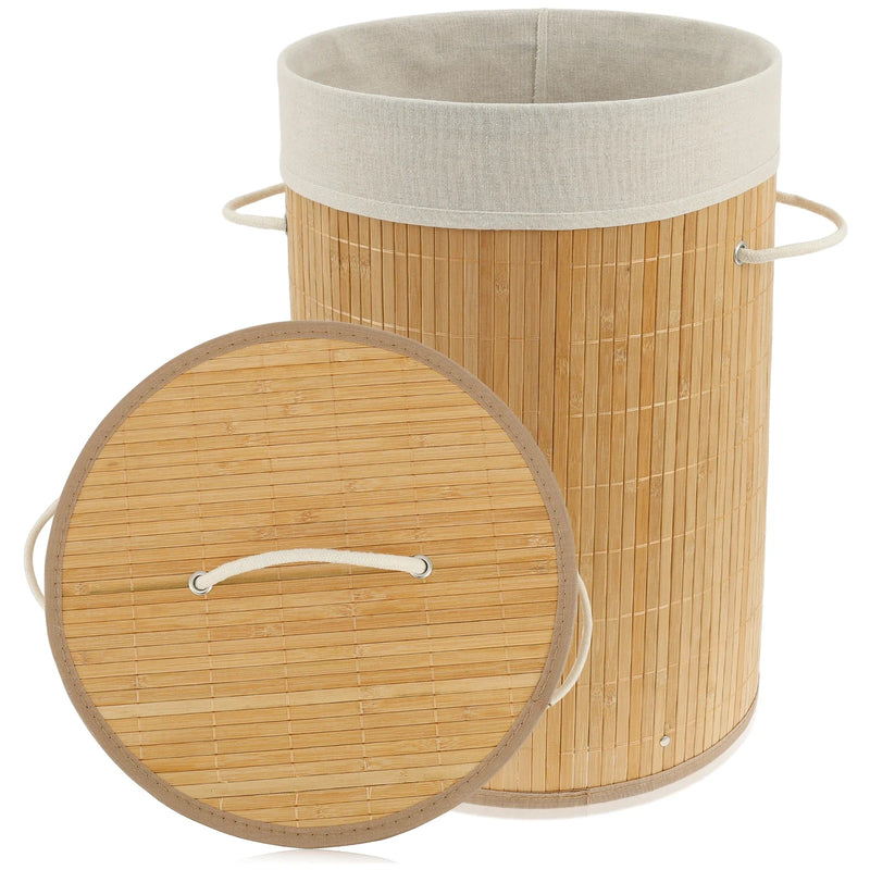 Panier à Linge Rond en Bambou avec Couvercle et Doublure Amovible, 50 cm