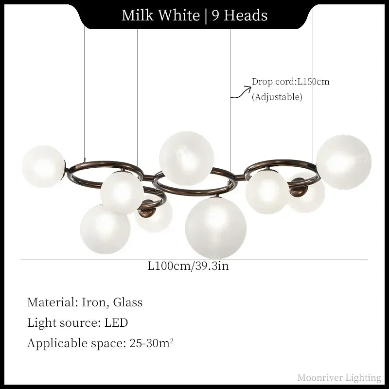 Suspension Cuisine Globes Verre sur Anneaux, 5, 7 ou 9 Têtes