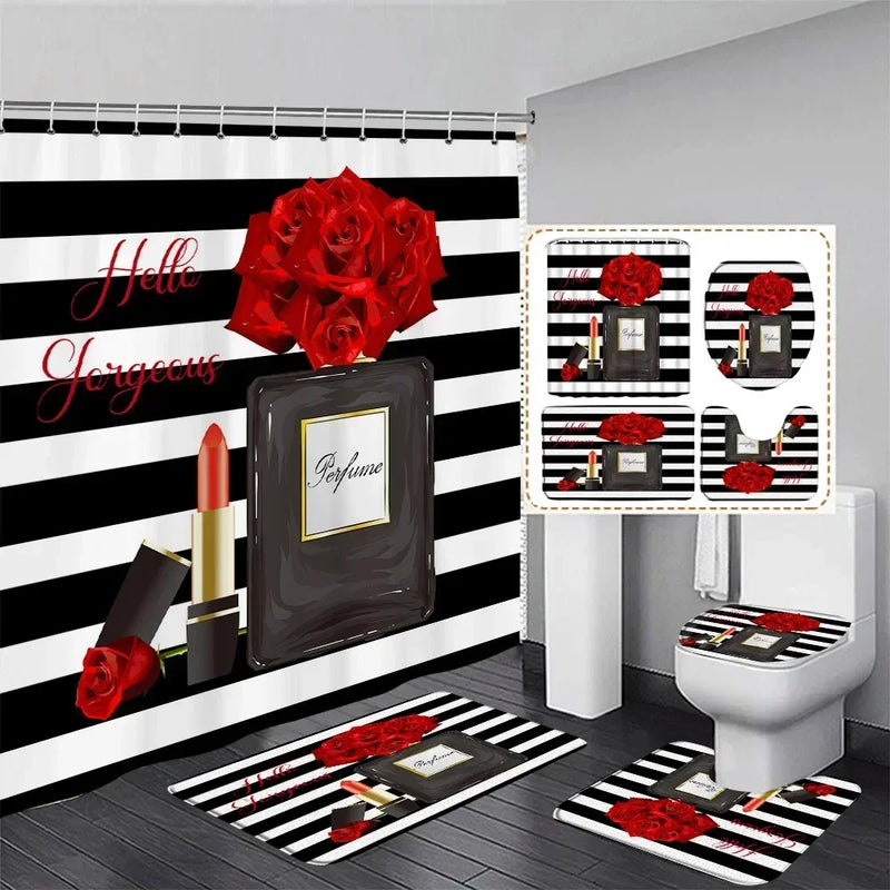 Rideau de Douche Flacon Parfum 180x180 cm et Tapis à la Pièce