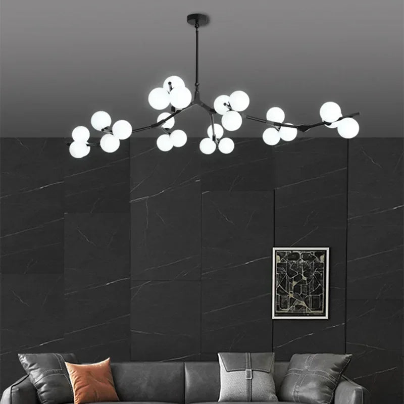 Lustre Suspension Cuisine Branches et Globes de Verre, Doré ou Noir
