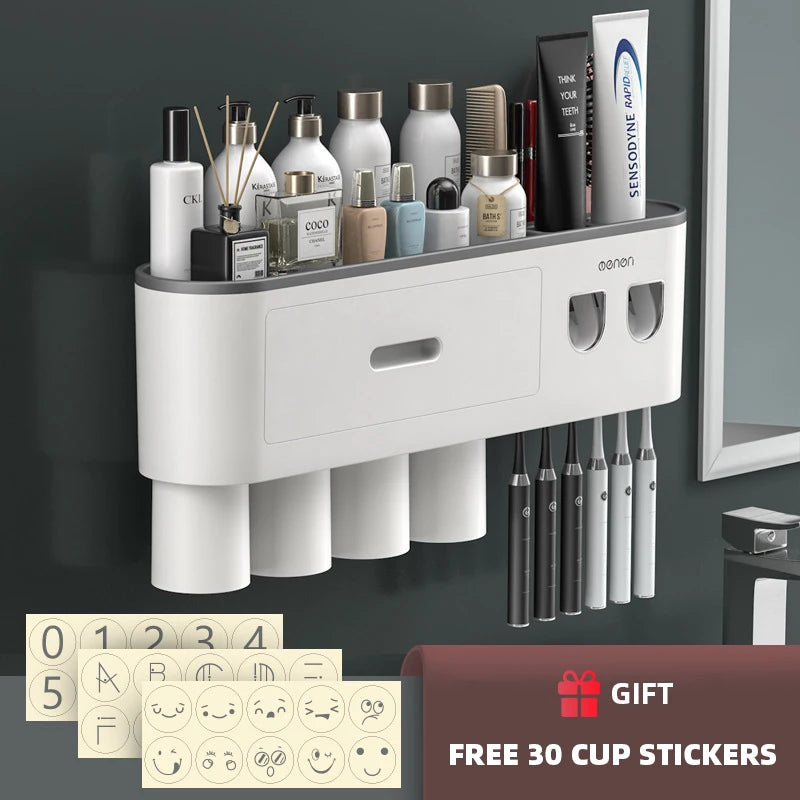 Porte-Brosse à Dents Magnétique avec Presse-Dentifrice et Étagère Murale