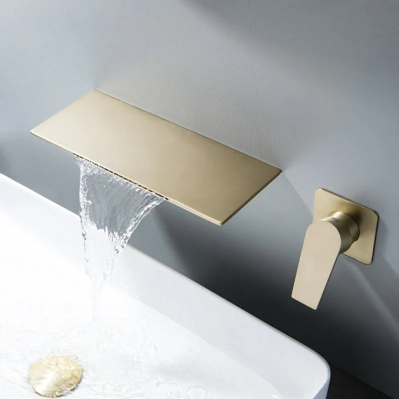 Robinet Mural Lavabo Cascade Encastré, Bec Plat, 4 Finitions