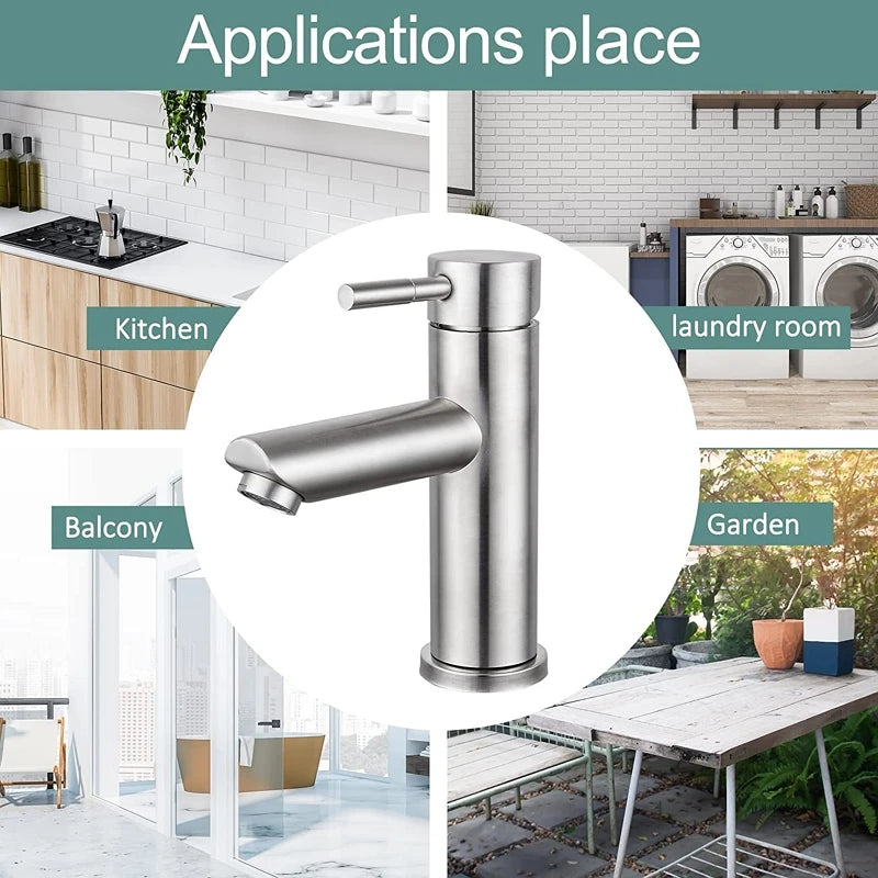 Robinet Lave-Main Eau Froide Inox 304, 6 Versions, Bec Courbe ou Droit